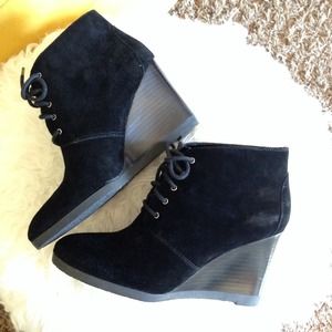 FRANCO SARTO Black Suede Leather Wedge Bootie