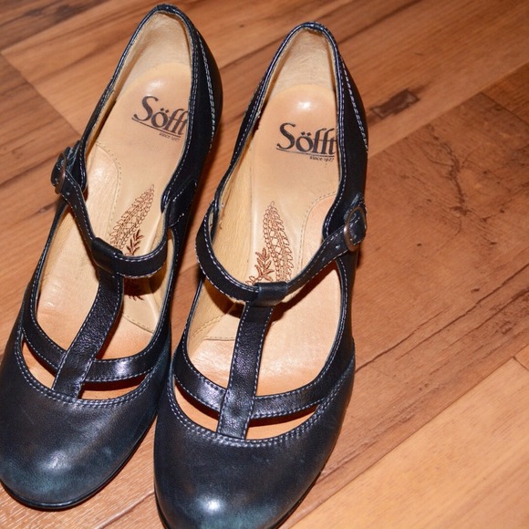 T-strap black leather heels