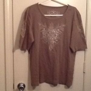 light brown organic cotton tee with tribal print