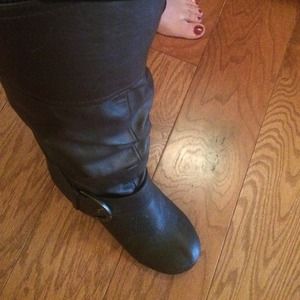 DARK BROWN Calf High Boots 2 inch Wedge heel