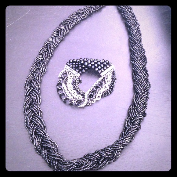 Black braided long necklace and bracelet set