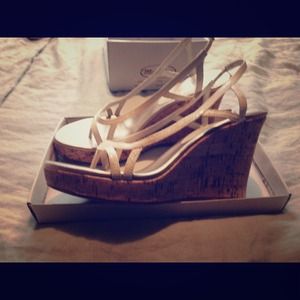 Pearly white strappy wedge sandals