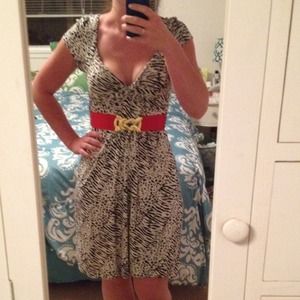 🔥Black & white animal print dress with red belt🔥