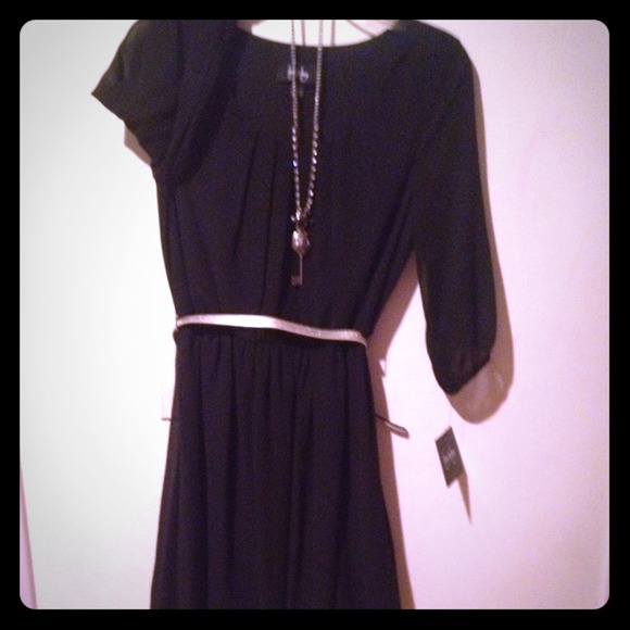Long Sleeved Black Dress w/ Metallic Belt
