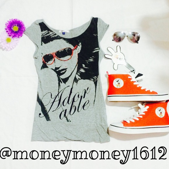 Adorable Slogan Rhinestone Sunglasses Gray Top