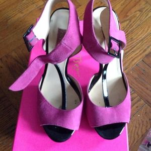 Betsy Johnson Black and Pink T-strap sandal.
