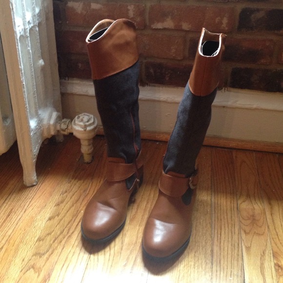 Brown and grey riding boots