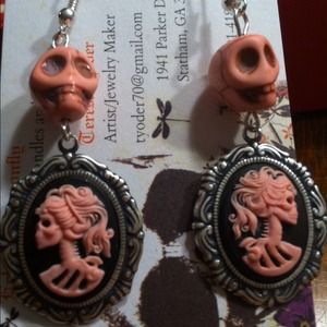 Pink skull cameo earrings.