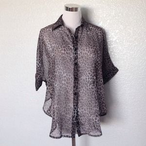 Sheer leopard high low button up blouse