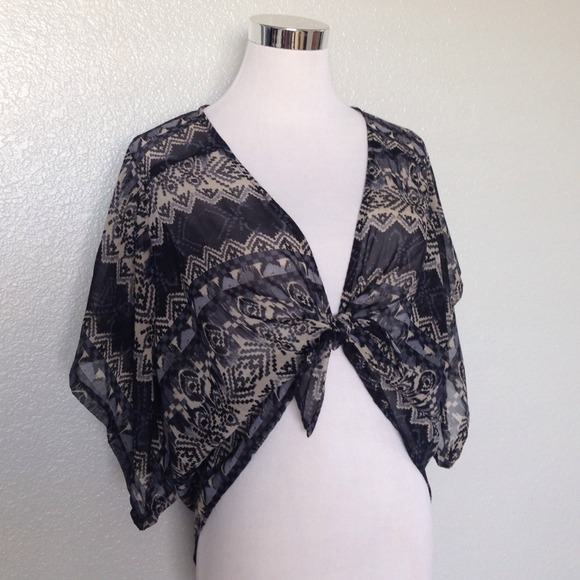 Short sheer abstract tribal kimono cardigan shawl