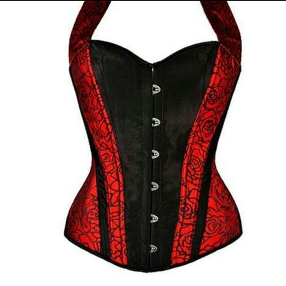 Red & Black rose Satin Halter Neck Corset
