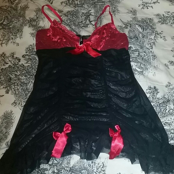 Red & black lingerie with black thong. Size medium