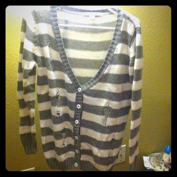 Gray & white striped distress cardigan