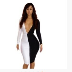 Women's black/white sexy deep v-neck club dress