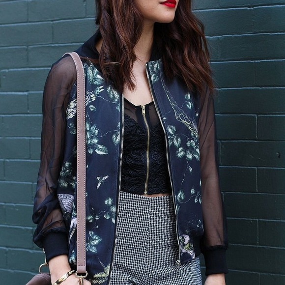 Black printed bomber jacket with sheer sleeves