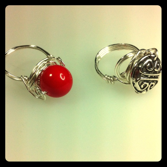 Buttons and beads wire wrapped silverplated rings