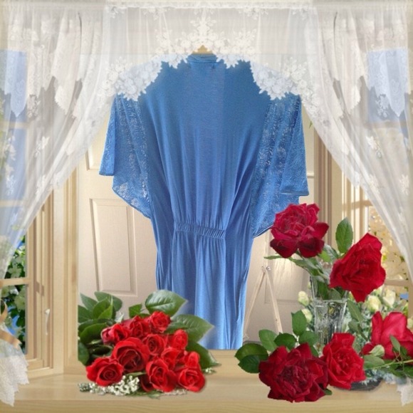 Blue With Smooth Lace Sleeve Bathrobe - Picture 2 of 4