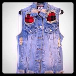 UNIF Distressed Denim and Plaid Vest