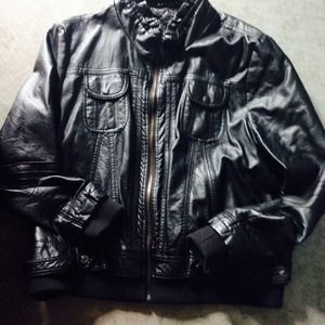 Faux Leather Jacket, green shirt  and sweatshirt.