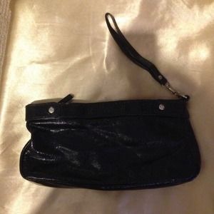Black patent faux leather clutch