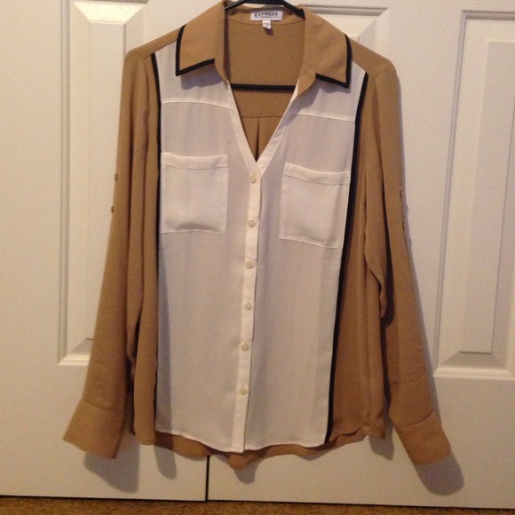 Express button down tan white with black trim