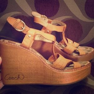 Coach Wood & Leather Platform Wedges
