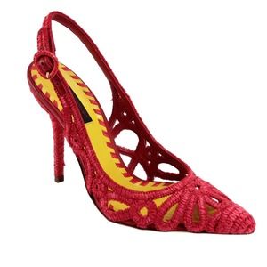 Dolce & Gabbana Red Woven Straw Pointed Toe Heels