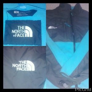 Blue and gray North face jacket