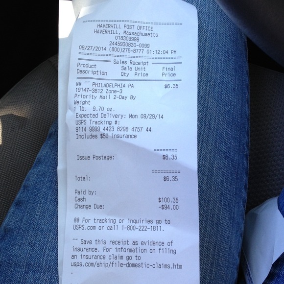 Receipt for shipment of white guess pocketbook