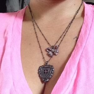 Pink Glitter Bow Heart Locket Double Chain Metal