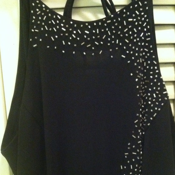 Beaded black open-back gown w/ slit. - Picture 2 of 3