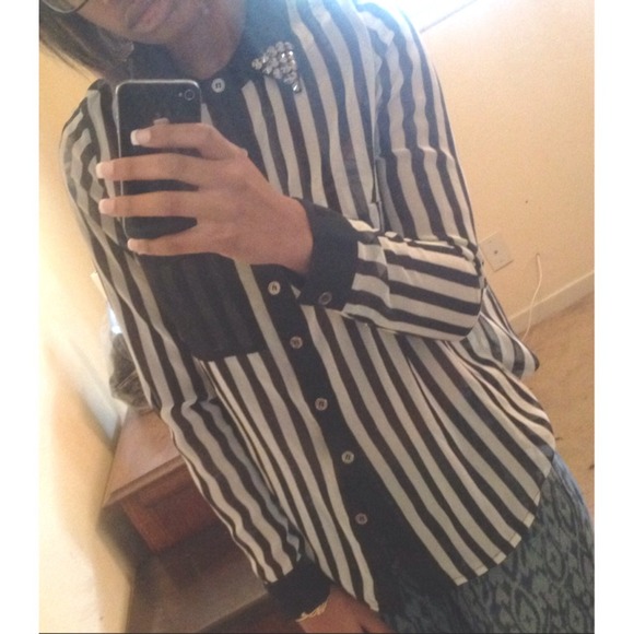 Black and white vertical striped mullet button up