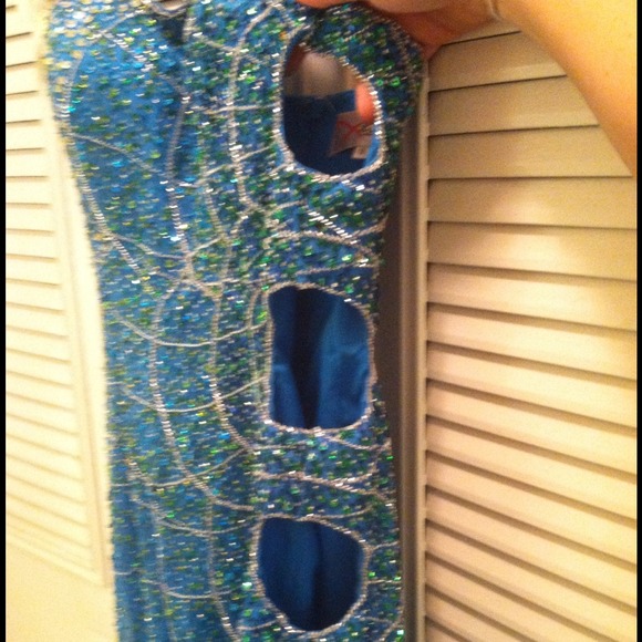 Aqua beaded sequin high slit ruffle cut out gown. - Picture 2 of 3