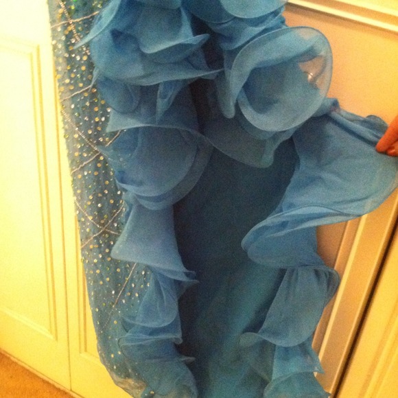 Aqua beaded sequin high slit ruffle cut out gown. - Picture 3 of 3