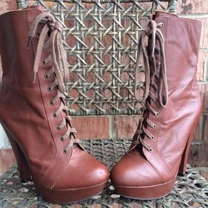Office by Topshop Brown Leather Laced Boots-Sz 38