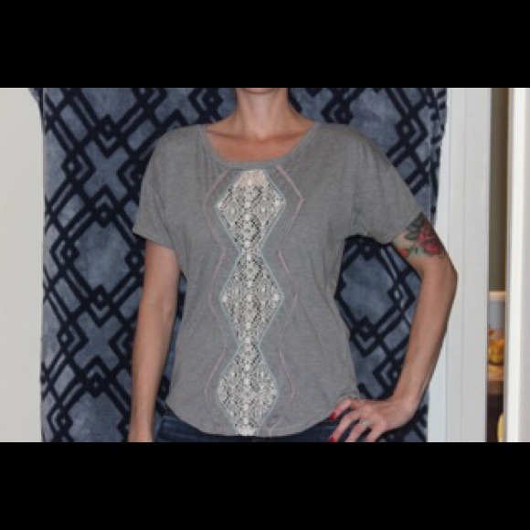 Grey short sleeve ruffle/lace top