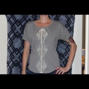 Grey short sleeve ruffle/lace top