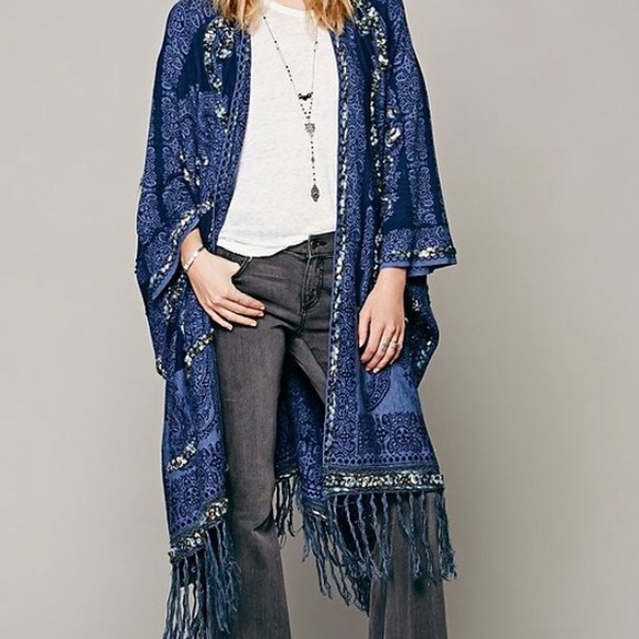 Free People Sweaters - FREE PEOPLE Blue Hendrix Shawl Poncho Cape Ruana