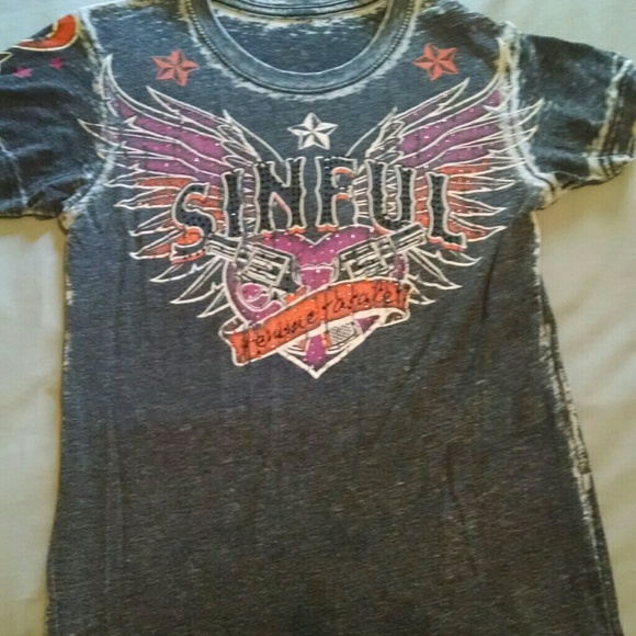 Sinful distressed bling t shirt. Winged back