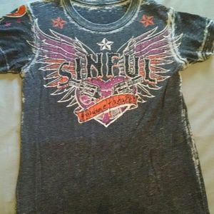 Sinful distressed bling t shirt. Winged back