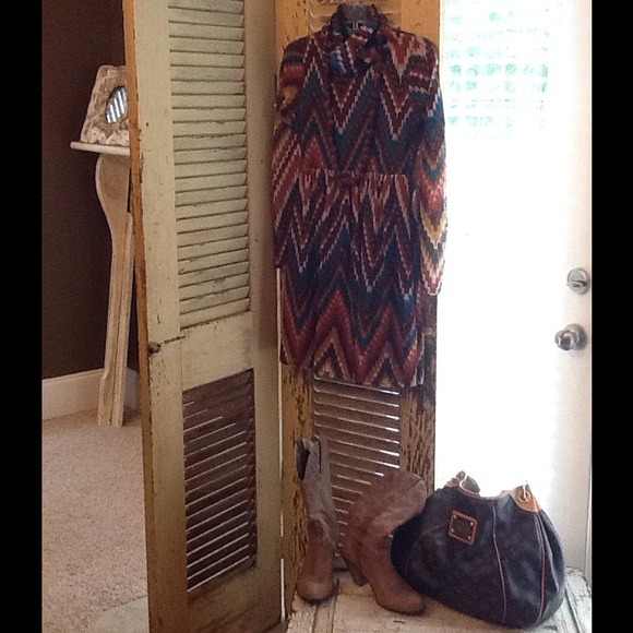 70s inspired dress. Gold orange green brown colors