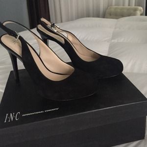 INC BLACK SUEDE/patten leather heels.