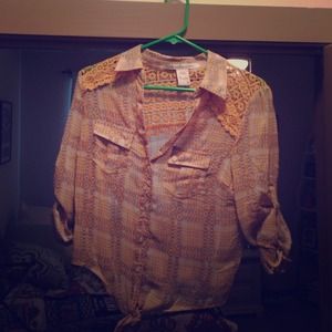 Mustard, blue and brown 3/4 sleeve crop top