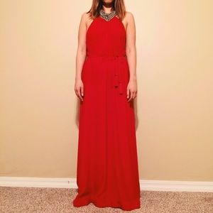 Red maxi dress with tassel tie.