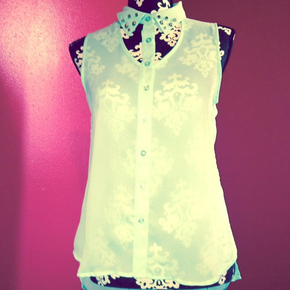 Teal translucent top w/ collar embellishment NWOT