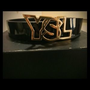 Vintage gold ysl logo patent leather belt sz 34
