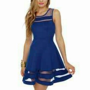 Navy blue skater dress with mesh details.
