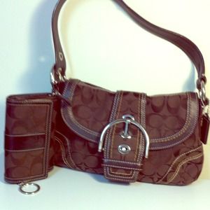 Coach dark brown fabric with leather strip handbag