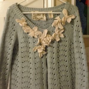 Anthropology Sweater: baby blue with creme flower