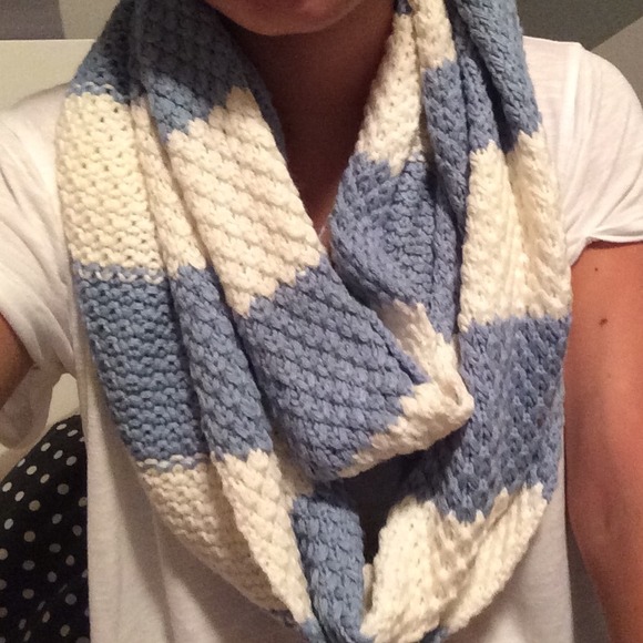 Blue and white knitted infinity scarf